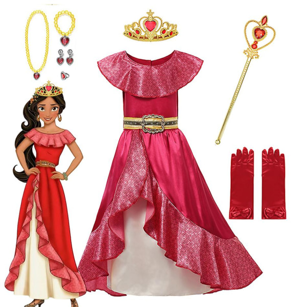 Elena Of Avalor Prinsessa Puku Tyttö Anime Roolipeli Vaatteet Halloween Karnevaali Cosplay Asu Lapsi Punainen Ruffle Pitkä Mekko -a Elf Dress Set1 9-10T (150)