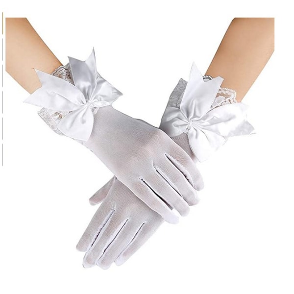 Bröllopsklänning Handskar Kort Mesh Svart Spets Rosett Handskar white
