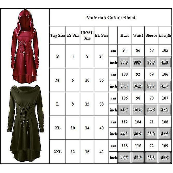 Retro Dame Solid Renæssance Middelalderlig Kostume Gotisk Langærmet Snørebånd Hætte Kjole -a Wine Red M