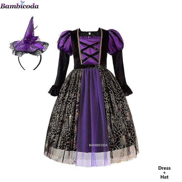 Halloween Children Girls Witch Party Dress Gothic Ghost Costume Kids Gown Robe Tutu Dress Witch Hat For Purim Carnival Party -a c6 5-6T(120)