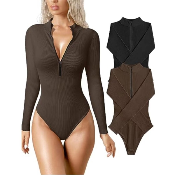 Mub- 2024 Langarma Sexy Ribba Glidelås Fram Lång Arm Topp I Ett Stycke Body Dark brown S