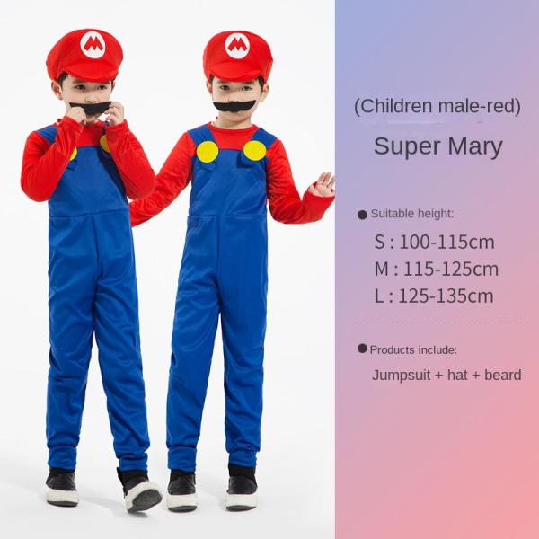 Mub- RS583 Children's Mario Clothes Super Mario Costumes Halloween Cosplay Anime Costume Parent-child Role Playing Costume Mario Boy Red L