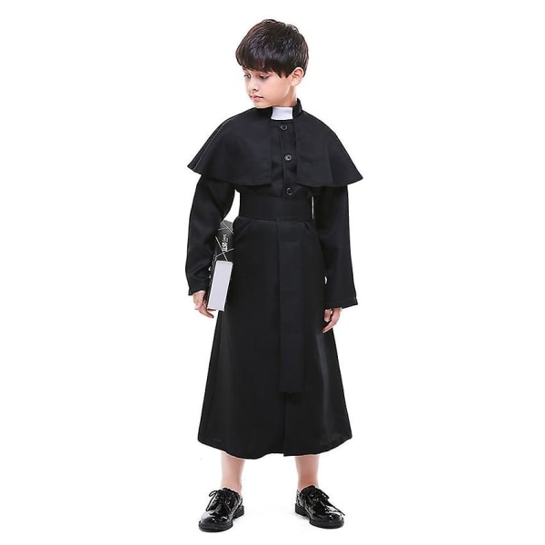 Black Priests Cassock Catholic Roman Robe Cape Soutane Halloween Costume For Kids Pope Missionary Uniform Medieval Clergy Sets -a S (for 110-120cm)