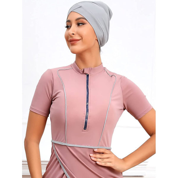 Naisten peittävä uima-asu, islamilainen muslimiuimapuku, lyhythihainen vetoketjullinen yläosa, shortsit, housut, hijab, 3-osainen uimapuku S-4xl Xinmu -a Dusty Pink L