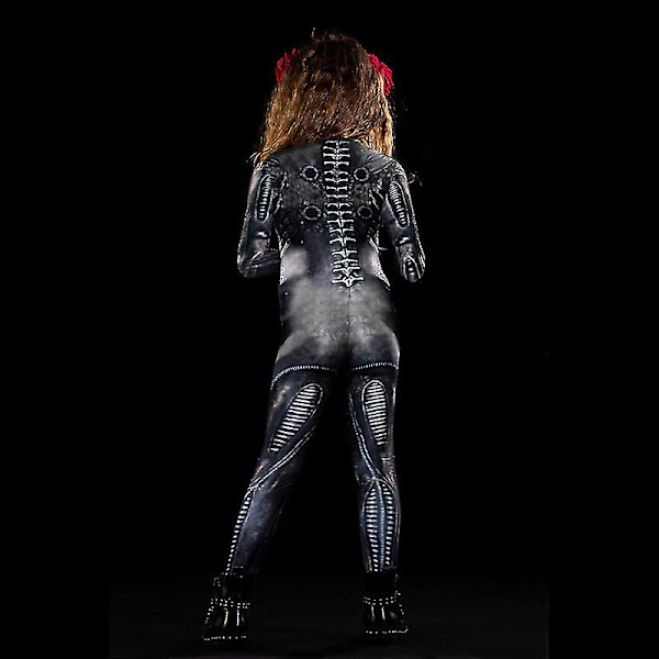 Womens Halloween Costume Skeleton Print Bodysuit Skinny Jumpsuit -a 130cm