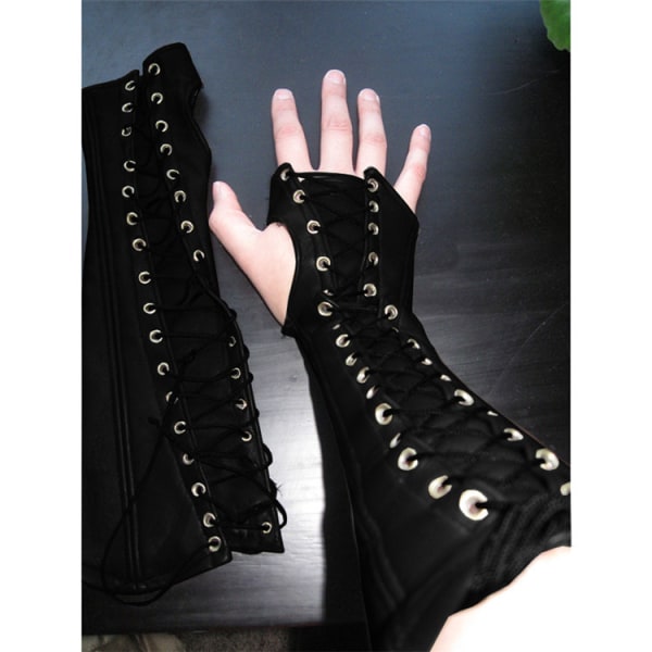 Mub- 2023 European and American leather PU long glove gas eye strap wrist guard long arm sleeve half finger glove Black free