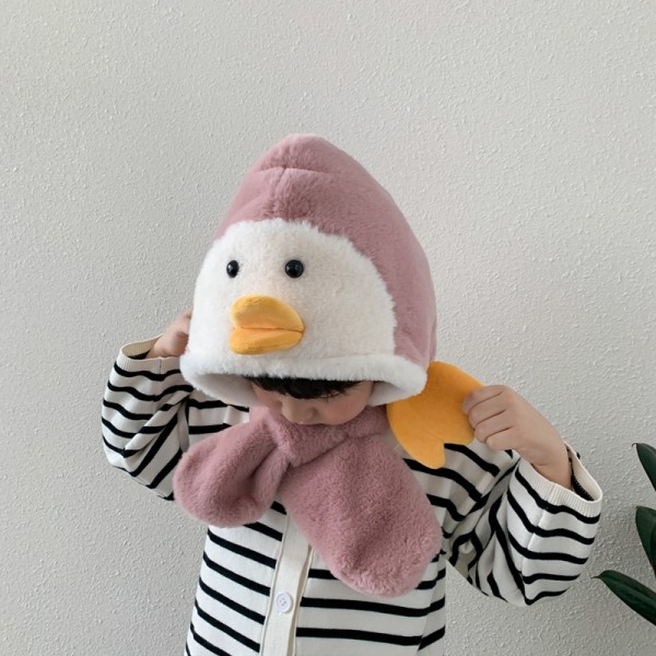 Mub- High Quality Hat Scarf Integrated Children's Baby Winter Cute Plush Bonnet Boys and Girls Warm Scarf Super Cute Hat Penguin pink