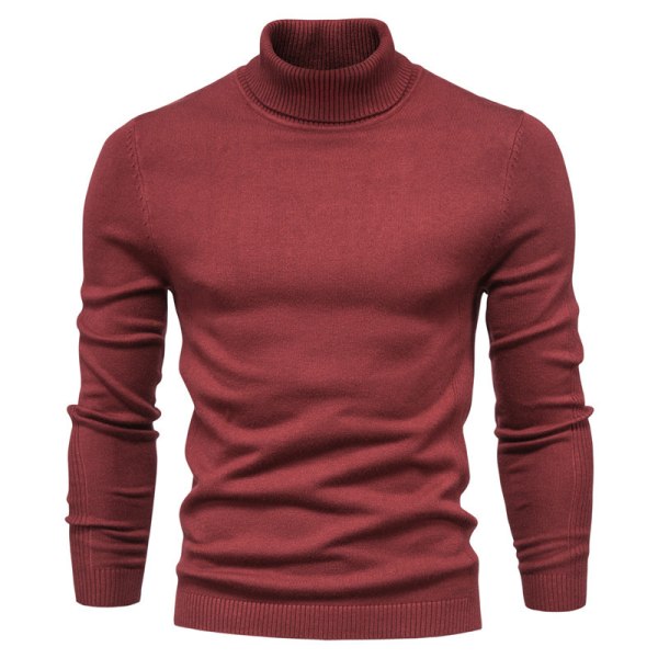 Mub - Efterår og vinter ny casual mænds ensfarvet pullover trøje høj hals mænds casual strikkede tråd Burgundy XL is suitable for 75-82kg