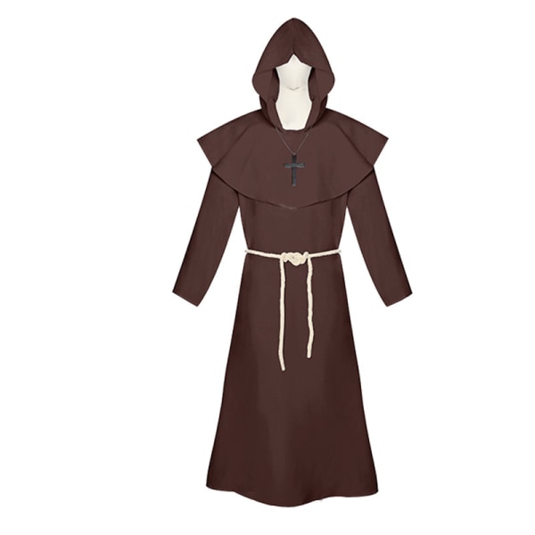 Halloween kostym medeltida munk dräkt munk dräkt trollkarl kostym präst cosplay kostym sjal cos komplett set Brown XXL