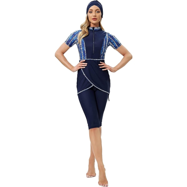 Women Modest Swimwear Islamic Muslim Swimsuit Short Sleeve Zipper Front Top Shorts Pants Hijab 3pcs Swimming Costume S-4xl Xinmu -a Blue L