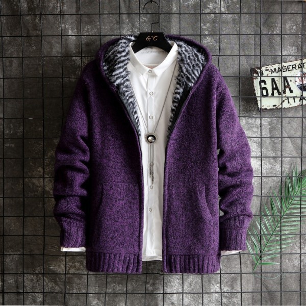 Mub - Efterårs- og vinterfleece, fortykket strikket cardigan herrejakke varm hættetrøje purple L