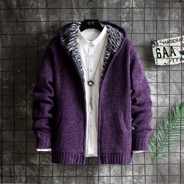 Mub- Höst- och vinterfleece förtjockad stickad kofta herrjacka varm huvtröja purple M