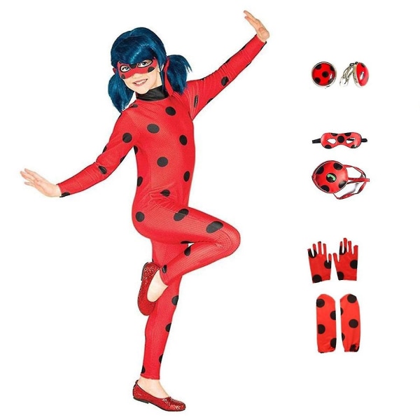 Best Discount-5pcs/set Kids Girl Ladybug Costume Cosplay Set Halloween Costume With Blindfold, Wig, -a XL