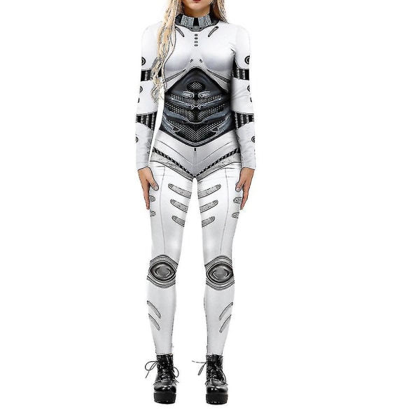 Halloween 3D Robot Trykt Cosplay Jumpsuit Karneval Fest Cyberpunk Playsuit Fancy Dress Kostume Kompatibel Kvinder Voksen -a White Grey L