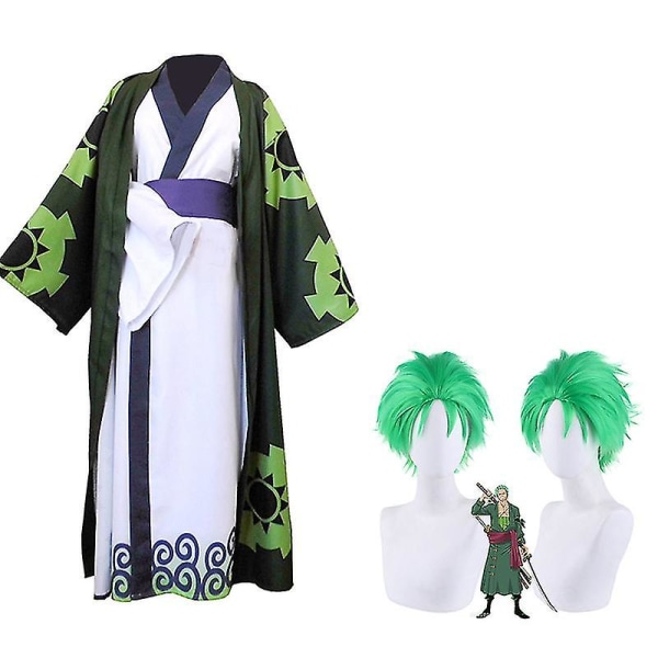 Anime Roronoa Zoro Cosplay Costume Wano Kuni Country Kimono Robe Full Suit Outfits Halloween Carnival Suit _ai -a Wig and Costume S