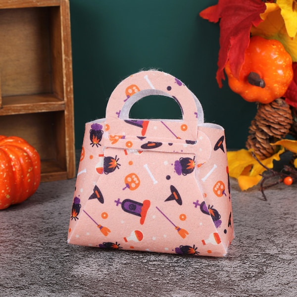 Mub- New Halloween Party Decor Candy Bag Gift Wrap Small Size Trick or Treat Hand Bag Witch Ghost Pumpkin Print Packing Tote Bag Pink
