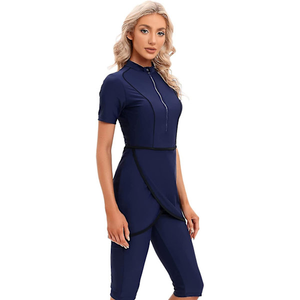 Naisten peittävä uima-asu, islamilainen muslimiuimapuku, lyhythihainen vetoketjullinen yläosa, shortsit, housut, hijab, 3-osainen uimapuku S-4xl Xinmu -a Navy XL