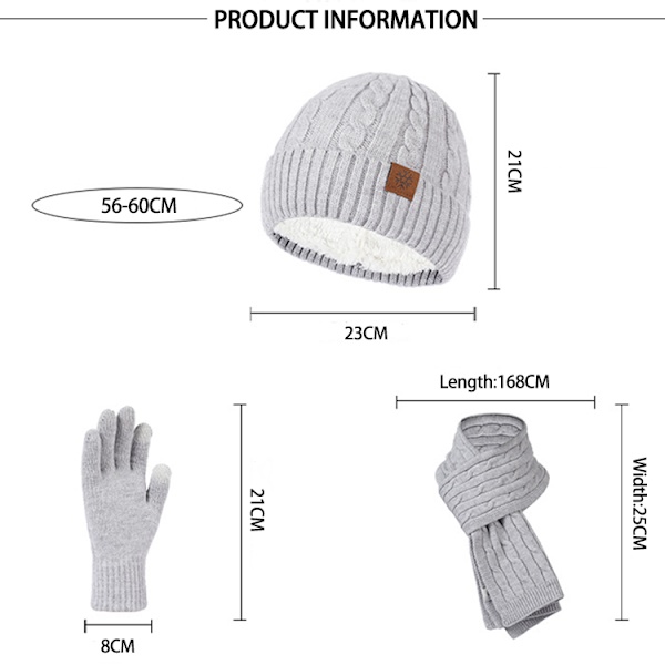 Mub- Factory Direct High Quality Glove 3pcs Unisex Set Warm Wool Hat Scarf Gloves Sets For Winter Grey
