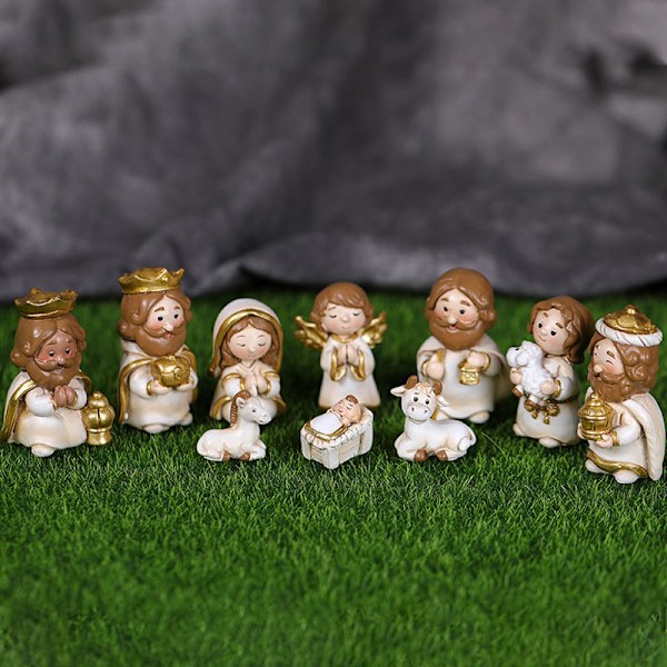 Xbi- Jul tecknad julkrubba uppsättning prydnader juldag gåvor jesus white