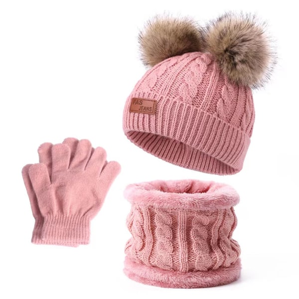 Mub- Factory Wholesale custom Warm Pom Pom Hats Kids Children Winter 3 pcs Knit Hat Scarf &Glove Sets Knitted Hat #2 pink