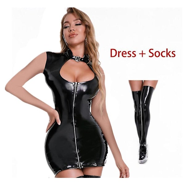 Sexig Wetlook Lackklänning Kvinnor Kort Mini Bodycon Bröst Exponerande Smal PVC Latex Nattklubbsklänningar med strumpa Style-3 Black-B XXL