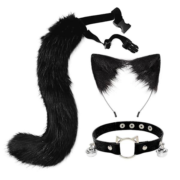 3 stk. Cosplay Katte Søde Ører Pandebånd Pelsagtig Ræv Hale Klokke Halskæde Choker Sæt Legetøj -a Black