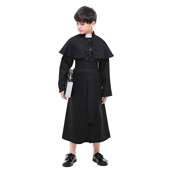 Sort præstekjole til børn - katolsk romersk kappe - soutane - halloweenkostume - pavemissionæruniform - middelalderligt gejstligt sæt -a M (for 120-130cm)