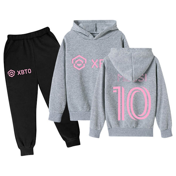 Xbi- No.10 Messi barn pojkar casual sportkläder fotboll huva tröja träningsbyxor tröja 140 gray