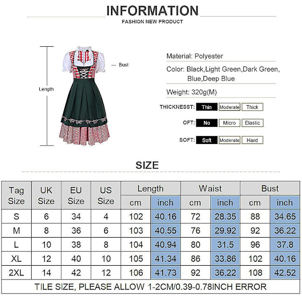 Naisten Oktoberfestin olutneidon asu Baijerin perinteinen Dirndl-mekko Karnevaali .q Denim Red Check M