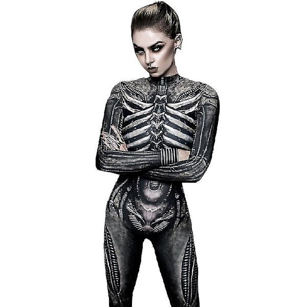 Womens Halloween Costume Skeleton Print Bodysuit Skinny Jumpsuit -a M