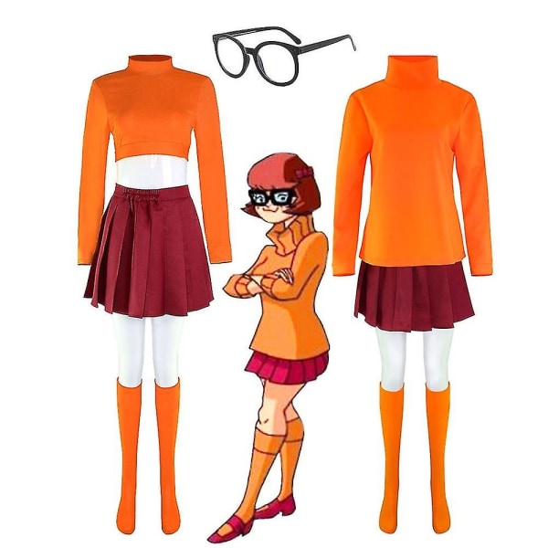 Anime Velma Cosplay Costume Movie Character Orange Uniform Halloween Costume For Women Girls Cosplay Costume Wig -a long version 3XL