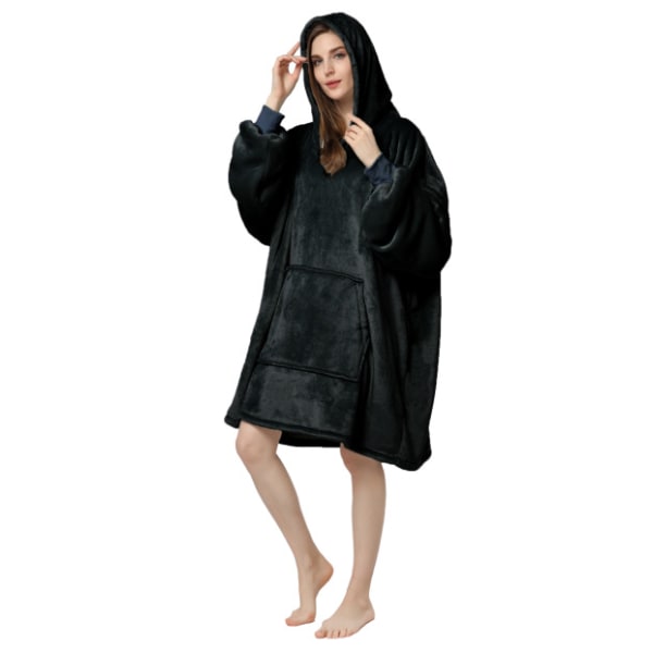 Mub- Enfärgad lat kostym flanell dubbel förtjockad kall jacka varm huva utanför bär pyjamas hem hoodie filt black