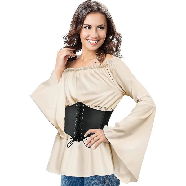Kvinde Renæssance Bluse Toppe Korset Livrem Middelalderlig Victoriansk Off Shoulder Langærmet Skjorte Pirat Cosplay Kostumer -a Beige X-Large