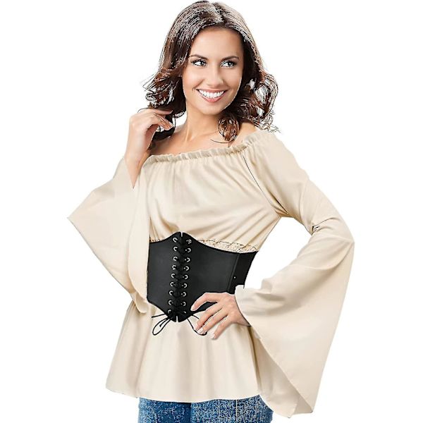 Womens Renaissance Blouse Tops Corset Waist Belt Medieval Victorian Off Shoulder Long Sleeve Shirt Pirate Cosplay Costumes -a Beige Medium