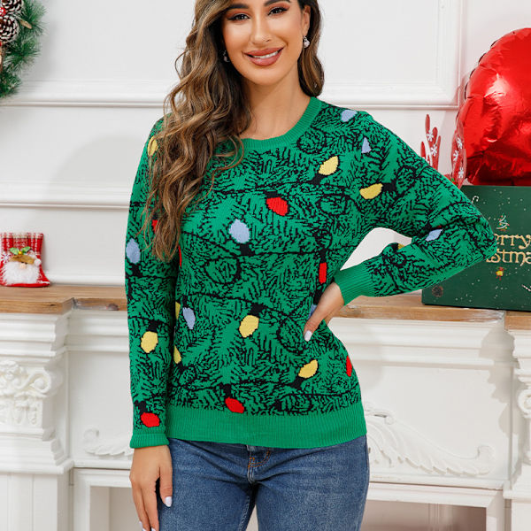 Mub- Höst/vinter Kvinnors stickade kläder Tecknad Jacquard Lös Rund hals Pullover Jultröja Green tree-print Christmas sweater L
