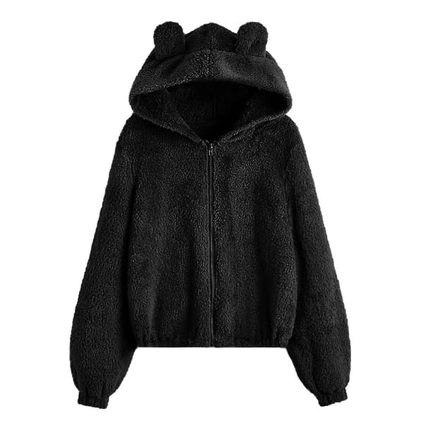Vinterplysch hættetrøje med lynlås til damer med søde bjørneører .i Solid Black XL