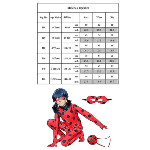 Bimirth Kids Girl Ladybug Cosplay Set Halloween Party Jumpsuit Fancy Dress Kostym med ögonbindel, peruk, väska-yky 110(100-110CM)