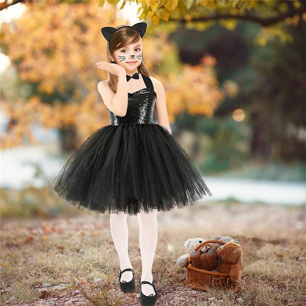 Kids Girl Black Cat Dress Cosplay Party Carnival Costume With Hair Accessories, Tail -a 4T(100-110CM)