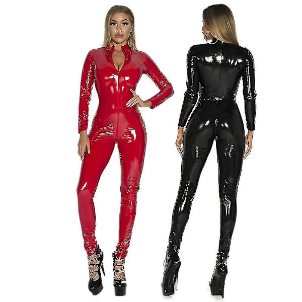 Plus Size S-5xl Dame Sexet Latex Catsuit Sort Heldragt Pvc Jumpsuit Clubwear Kunstlæder Kostume -a Red XL