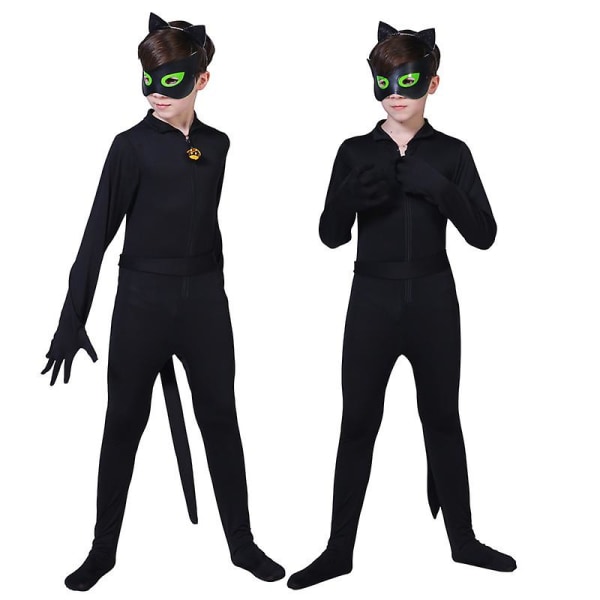 Kids Black Cat Costume Boys Cosplay Noel Bodysuit Suit With Mask, Ear, Tail -a 110(105-115CM)