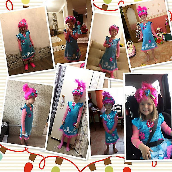 Tyttöjen mekot Trolls Poppy Cosplay -asut Mekko tytöille Katuvaatteet Halloween -vaatteet Lapset Kaulakoru Peruukki Hieno tyttömekko -a 881 110(3-4Y)