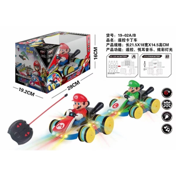 Mub- Mario RC Bil Cool Stunt Bil Ljus Musik Mario Kart Racing Battery【Red】