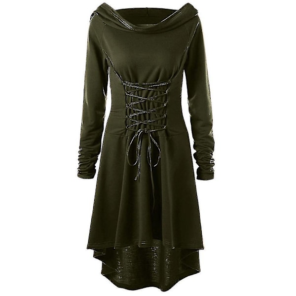 Retro Kvinde Solid Renæssance Middelalderlig Kostume Gotisk Langærmet Snøre Hætte Kjole -a Army Green XL