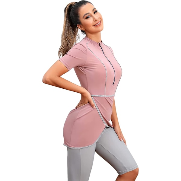 Naisten peittävä uima-asu, islamilainen muslimiuimapuku, lyhythihainen vetoketjullinen yläosa, shortsit, housut, hijab, 3-osainen uimapuku S-4xl Xinmu -a Dusty Pink L