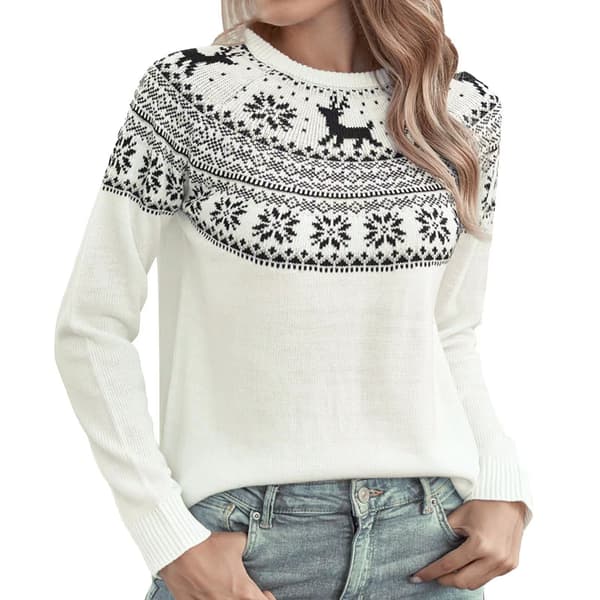 Mub- Efterår og vinter trøje dame jul snefnug fawn udenrigshandel rund hals basis strik white L