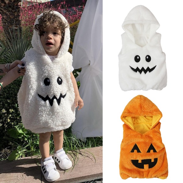 Mub- Limanying supply Autumn and Winter Halloween Sleeveless Pumpkin Style Hoodie Thickened baby outfit halloween costume kids White 80