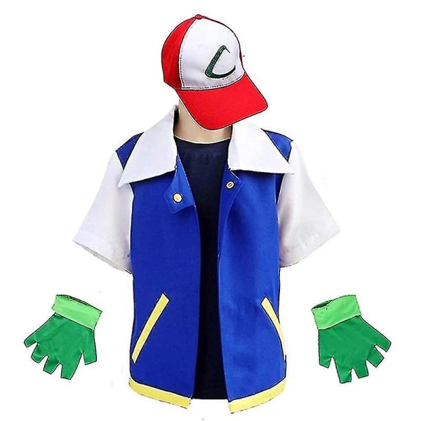 Ash Ketchum Costumes Kit Adult Boys Girls Ash Ketchum Halloween Cosplay Clothing Top Trainer Cap And Gloves Set -a L