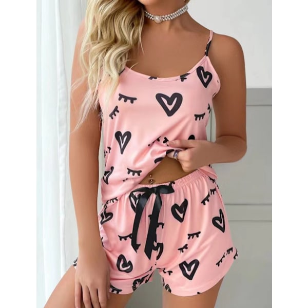 Mub- Pyjama casual kostym hängslen loungewear sexig tryck kärlek pink L
