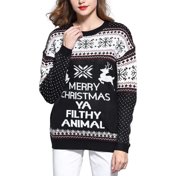 Mub - Høst/vinter Kvinners strikkede klær Tegneserie Jacquard Løs Rund hals Genser Julgenser Black Jacquard Christmas Sweater 02 XXL