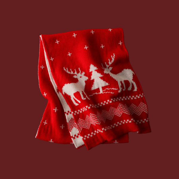 Mub- Mångsidig julstickad ylleröd halsduk, fawn, älgtryck, snöflingor för att hålla värmen Fawn red